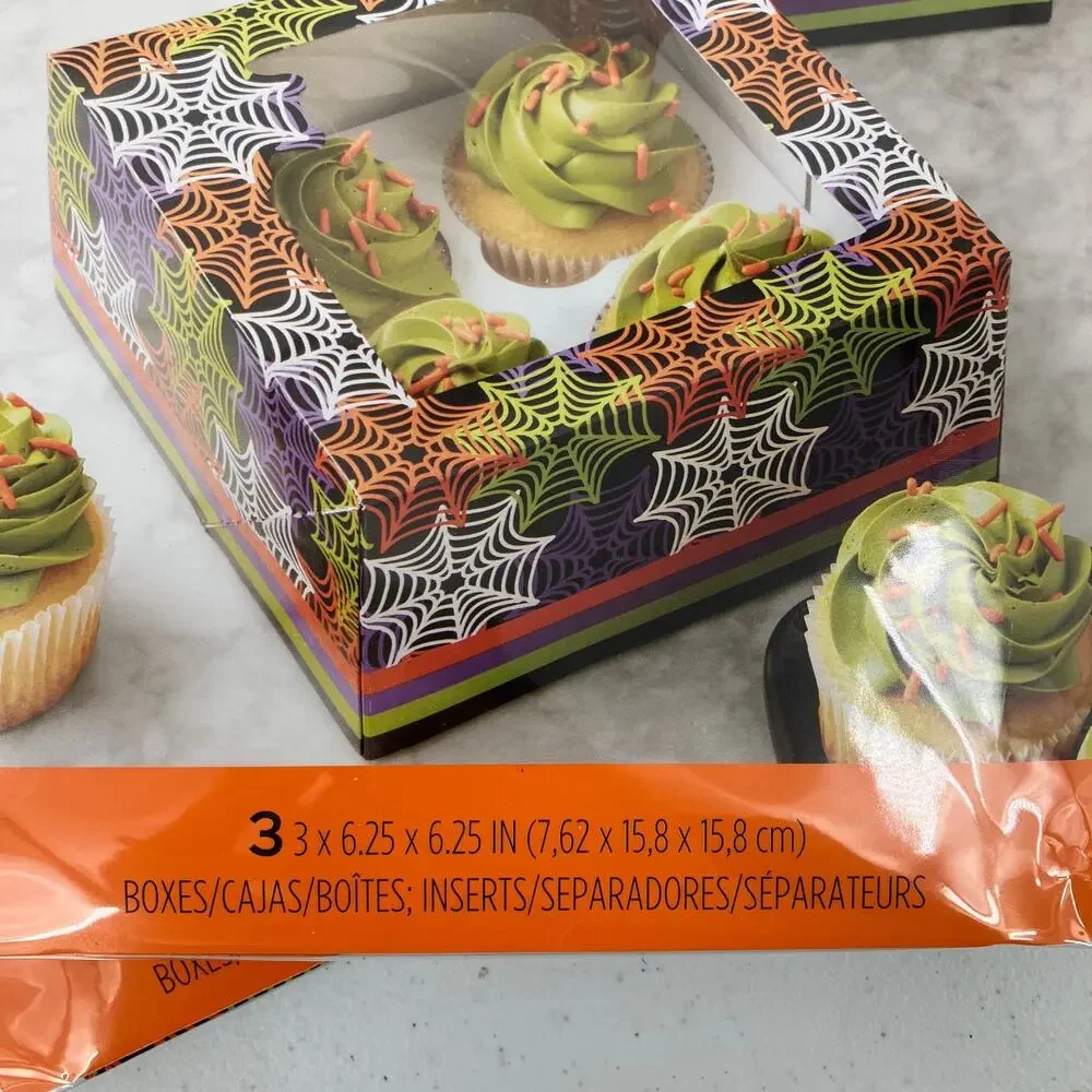 Wilton Orange Black Green Clear Window Spider Web Halloween Cupcake Treat Boxes